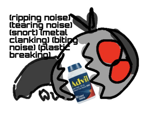 drawing of hank eating a jar of advil, whole. captioned "(ripping noise)(tearing noise)(snort)(metal clanking)(biting noise)(plastic breaking)"