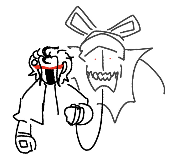 drawing of doc holding hank on a leash. doc's mask is angular, hank stands quietly behind him, he's much bigger then doc and his eyes are empty