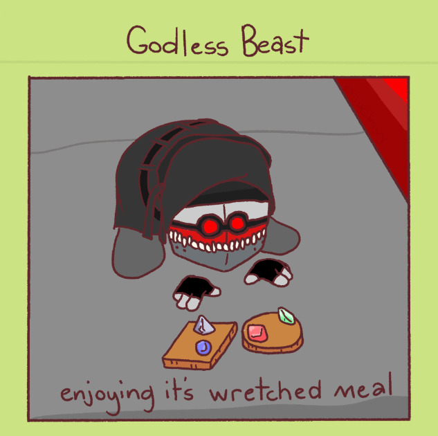 drawing of hank stood all buglike, hunched over two wooden slabs with gummy candy shapes arranged on them. captioned "godless beast enjoying its wretched meal"