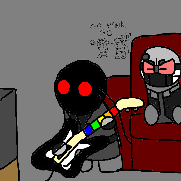 digital doodle of hank playing guitar hero, trying to impress 2b. sanford and deimos are cheering him on in the background