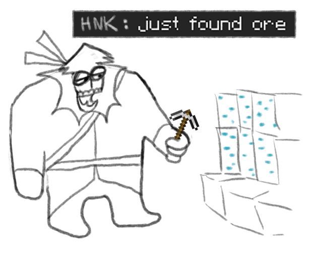 panel 1 of comic. hank says "just found ore", hes holding an iron pickaxe and standing in front of a six vein of diamond