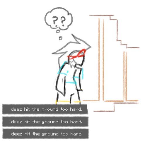 panel 3 of comic. 2b is in a cave full of lava, wearing a diamond chestplate and gold boots. he goes "???" because the chat is full of death messages, "@deez hit the ground too hard"