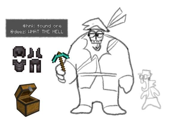 panel 4 of comic. hank holds a diamond pickaxe, and stands in front of a chest with a full netherite armor set inside. hank says "found ore." deimos says "WHAT THE HELL"