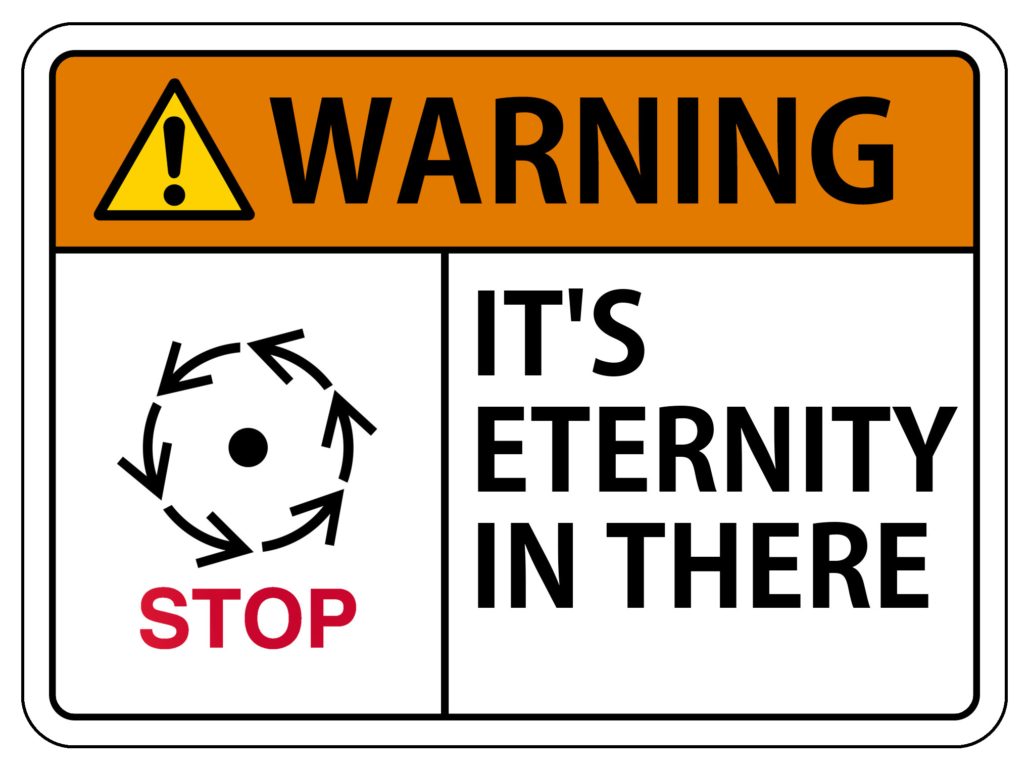 lab safety sign. 'warning: it's eternity in there'