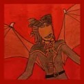 drawing with a red border, of a demon wearing a fancy military jacket. their arms and their wings are spread wide