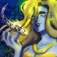 digital art of a mermaid with blue skin and flowing gold hair. a koi fish swims above her open palm