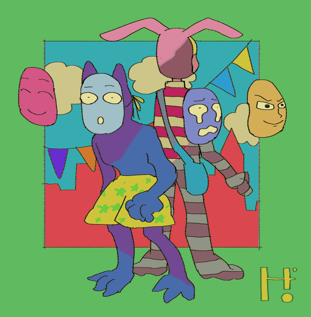 digital art of popee and kedamono. kedamono looks surprised, his masks are floating in the air around his face, popee is facing away