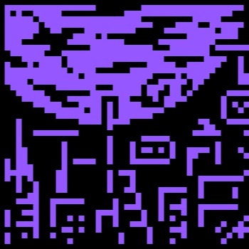 1 bit purple & black pixel art of a cityscape donimated by a giant moon or planet, hanging close over the city