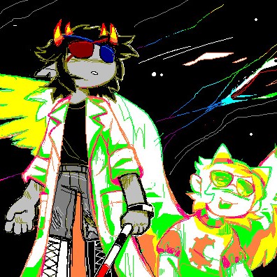 digital art of sollux and davepetasprite standing under a dark sky with multicolored cracks in it