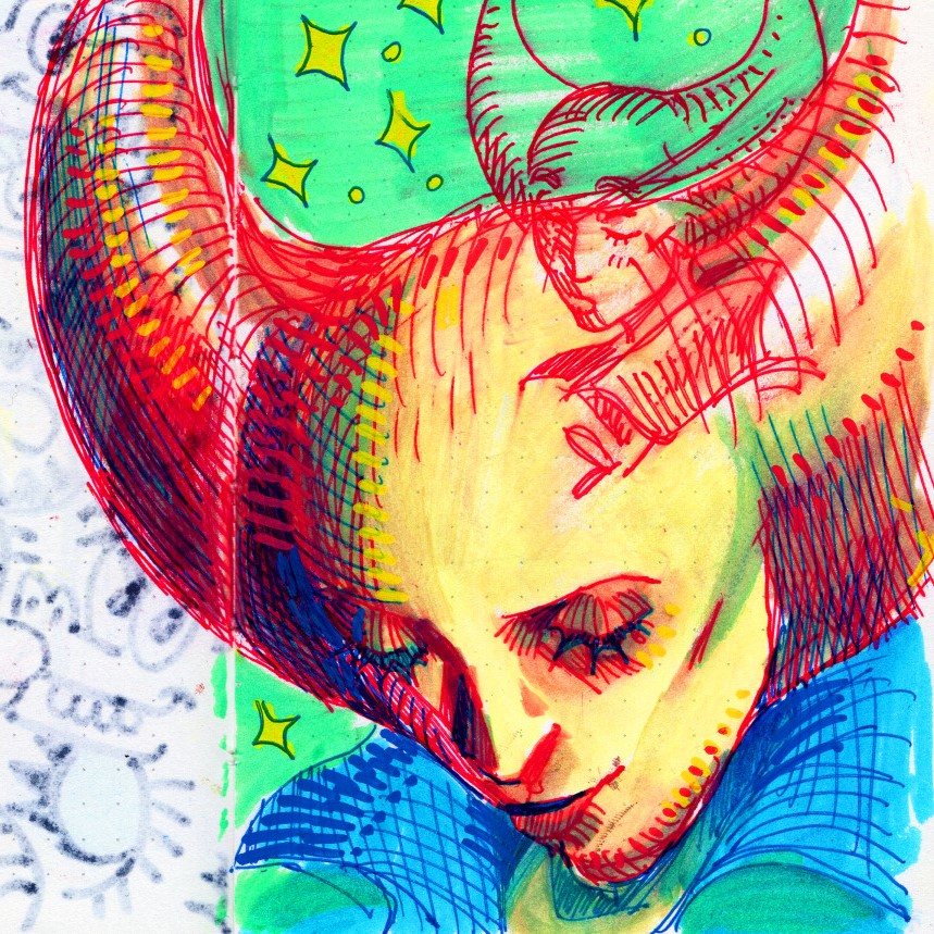 drawing of decres from hylics, drawn in vibrant shades of yellow, red, blue & green, bowing his head peacefully