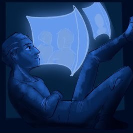 digital art of secunit, a humanoid robot, sitting relaxed in a small boxy space watching something on glowing blue floating screens