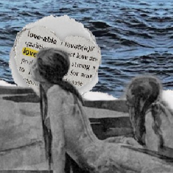 digital collage. a grayscale painting of two mermaids looking up at someone. there's a blue photo of an ocean behind them, and a paper halo with 'longing' written on it around one of their heads