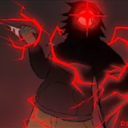 digital art of a character surrounded by red electricity. they hold a knife in one hand, and they hold the viewer by the neck with the other hand