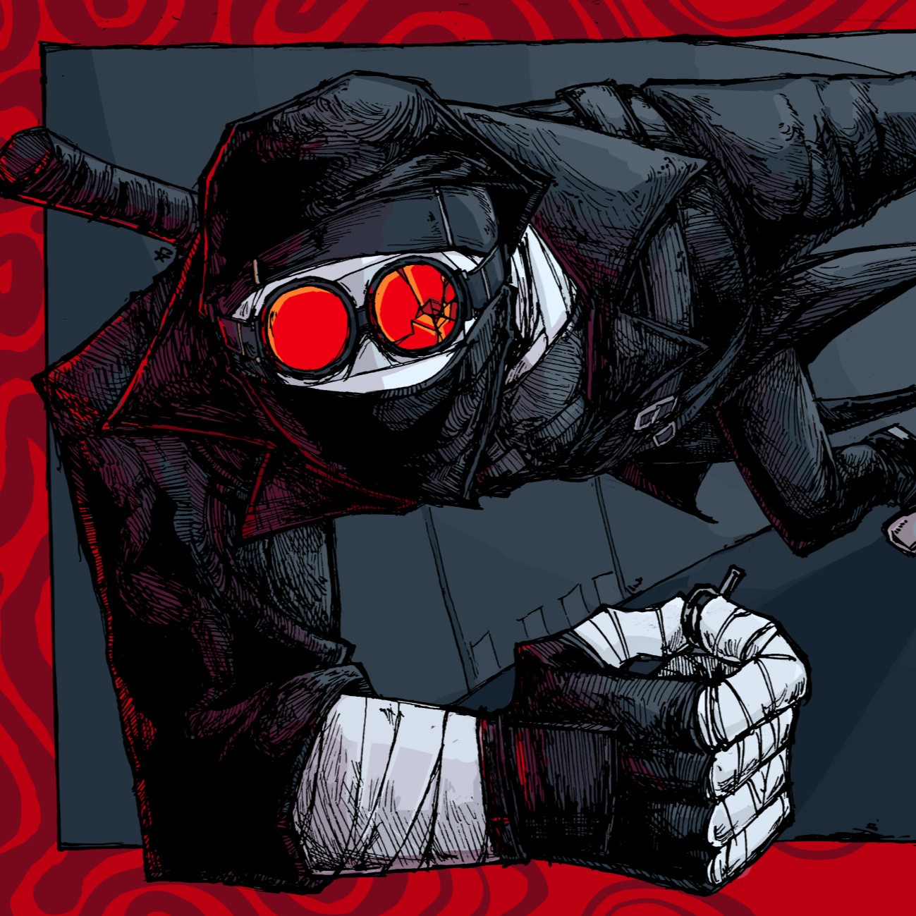 digital art of hank j wimbleton running through a gray hallway, tossing a grenade behind them