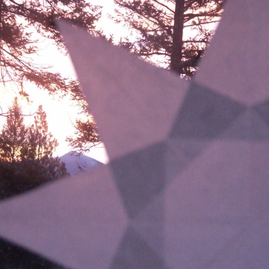 photo of a star made from layers of cut paper being held up to a view of tall trees, with a pink sunset behind them