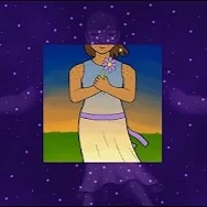 digital art of a character holding a flower to her chest. the art is framed by a purple space design, with a ghostly impression of a large figure holding their arms out around the human