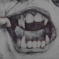 pencil on paper drawing of someone pulling their mouth wide open with one hand, revealing vampire fangs