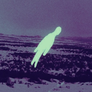 a photo of a flat snowy plain, lit purple by a mysterious light. a glowing white human figure floats in the field