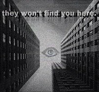 photo of an eye in the sky, framed by two tall gray apartment buildings, towering over the viewer. text reads "they wont find you here."