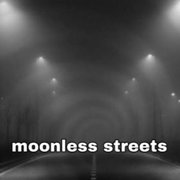 black and white photo of a city street on a foggy gray night, symmetrical rows of streetlights on either side. there is a spiral faintly overlaid on the image.