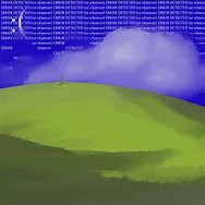 digital art of rolling green hills and a blue sky, with the blue screen of death displayed across it