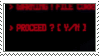 a stamp. gif from emesis blue, red line of code reading "proceed ? [Y/N]