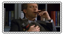 a stamp. dr gregory house, smoking a cigar and holding a gray cat