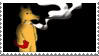 a stamp. quasimoto, a little yellow plush guy with a long snout, holding a red brick and smoking a blunt