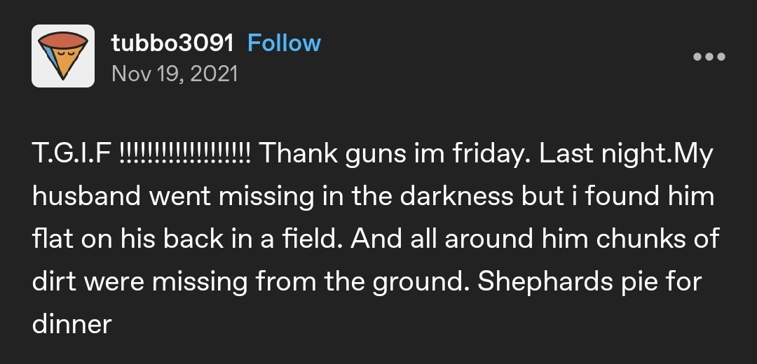 tumblr post from tubbo3091. "T.G.I.F !!! Thank guns im friday. Last night.My husband went missing in the darkness but i found him flat on his back in a field. And all around him chunks of dirt were missing from the ground. Shepards pie for dinner"